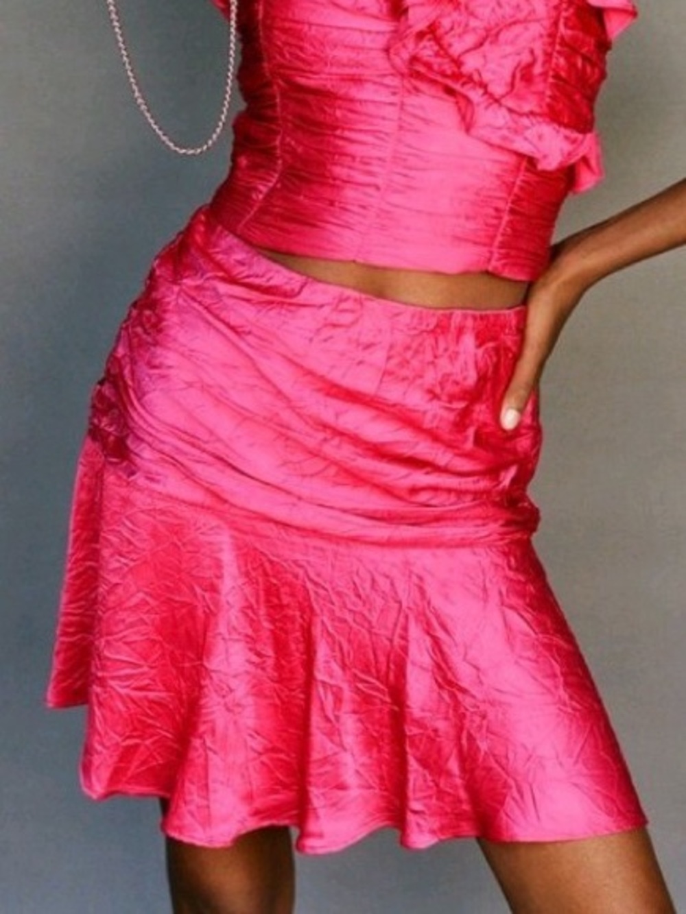 ZARA Fuchsia Satin Crinkle Ruffle Skirt